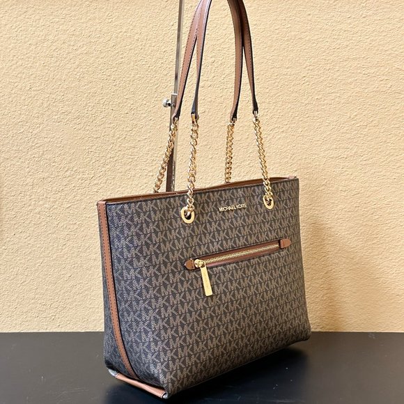 Michael Kors Jet Set Item M Shoulder Chain Tote Bag MK Gold Signature Brown - Picture 3 of 11